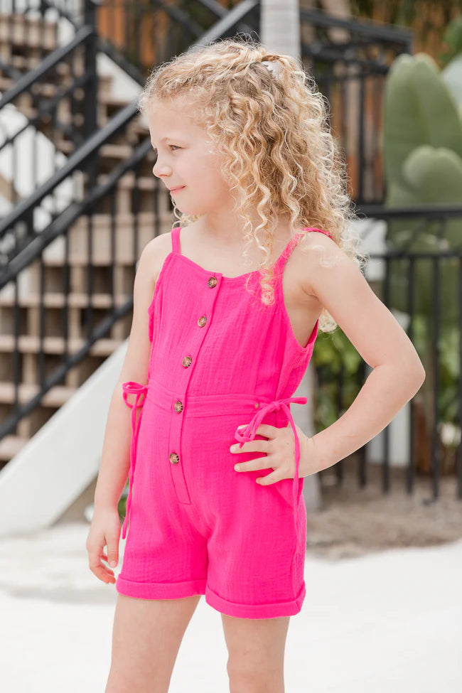 Kid's Walk The Shore Pink Button Front Collared Romper SALE