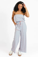 Making My Way Coral and Blue Striped Strapless Jumpsuit