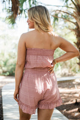 Just Visiting Mauve Strapless Flutter Hem Romper SALE