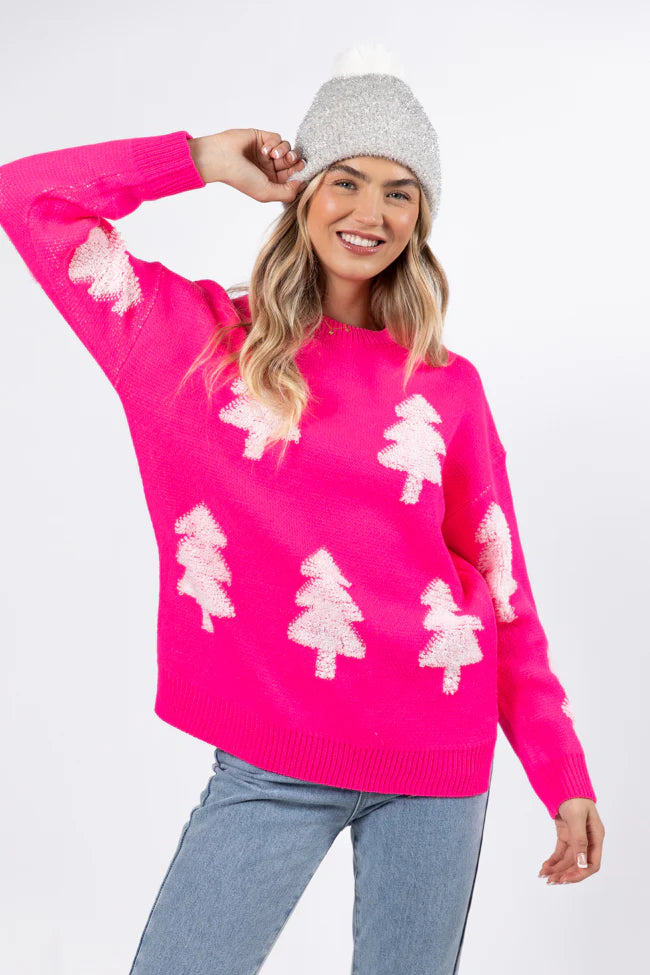 Under The Mistletoe Pink And Cream Christmas Tree Sweater FINAL SALE