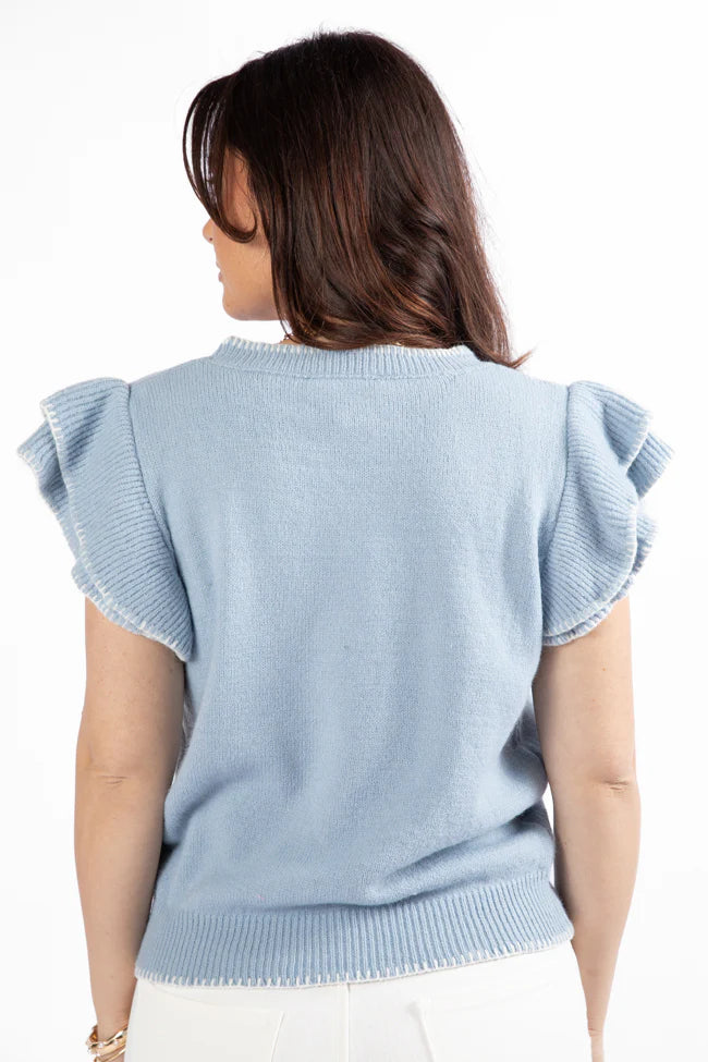 Everywhere and Back Light Blue Flutter Sleeve Stitched Detail Sweater