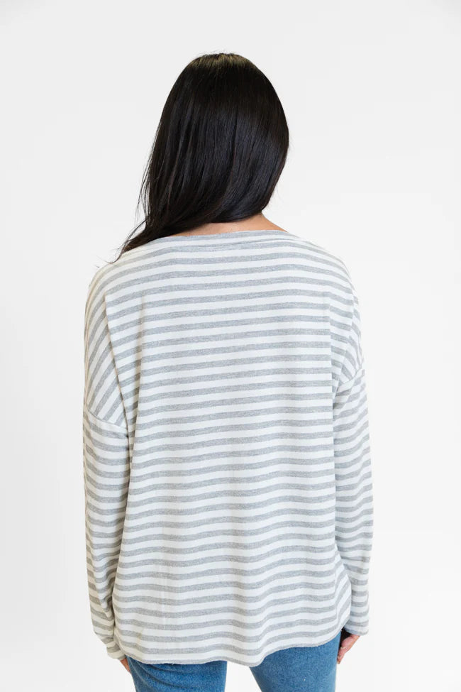 Blizzard Bliss Grey Wide Neck Striped Knit Top FINAL SALE