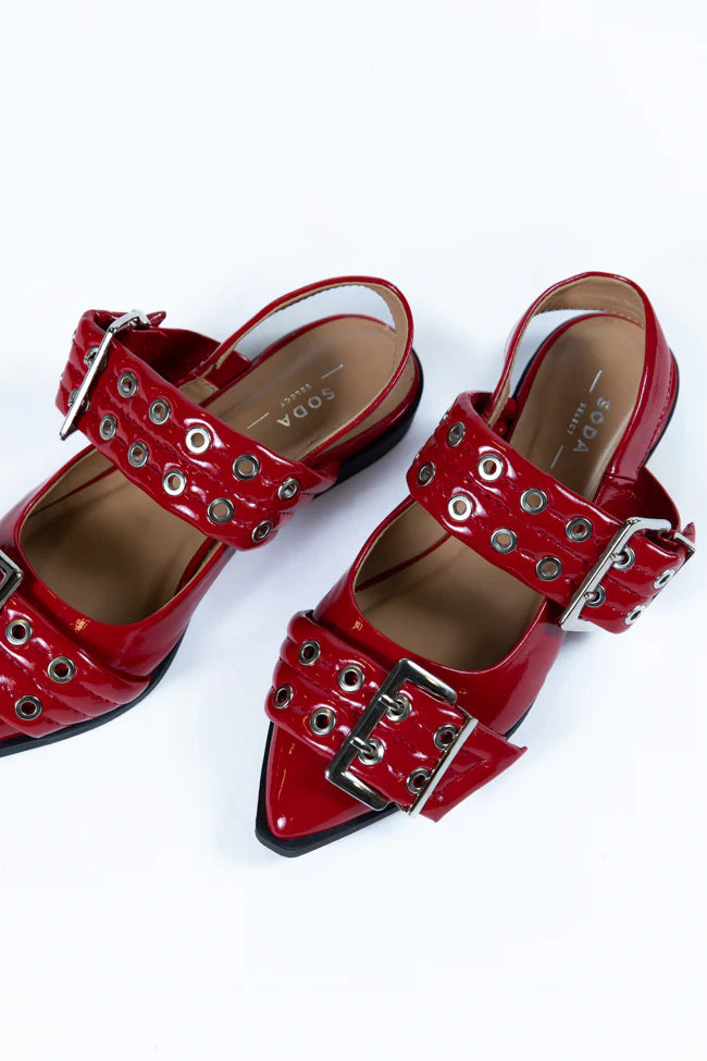 Addison Red Leather Buckle Slingback Flat