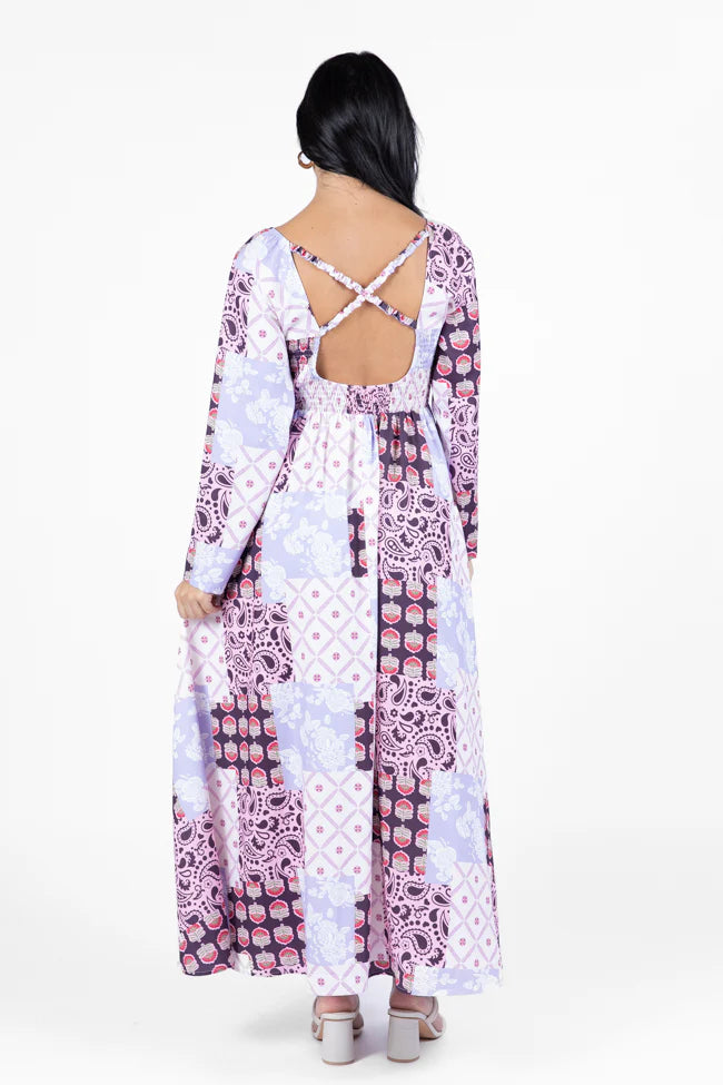 Falling Petals Purple Patchwork Printed Maxi Dress