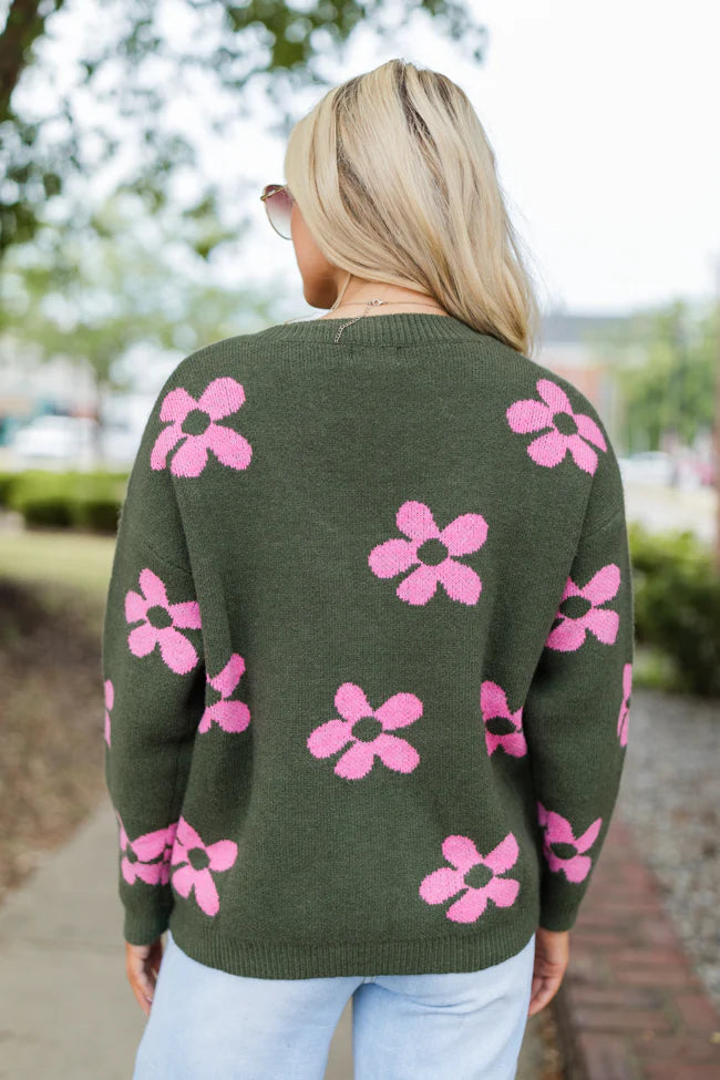 Keep You Around Olive and Pink Floral V-neck Sweater SALE