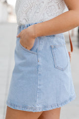 I've Been Thinking Light Wash Denim Paper Bag Waist Mini Skirt SALE