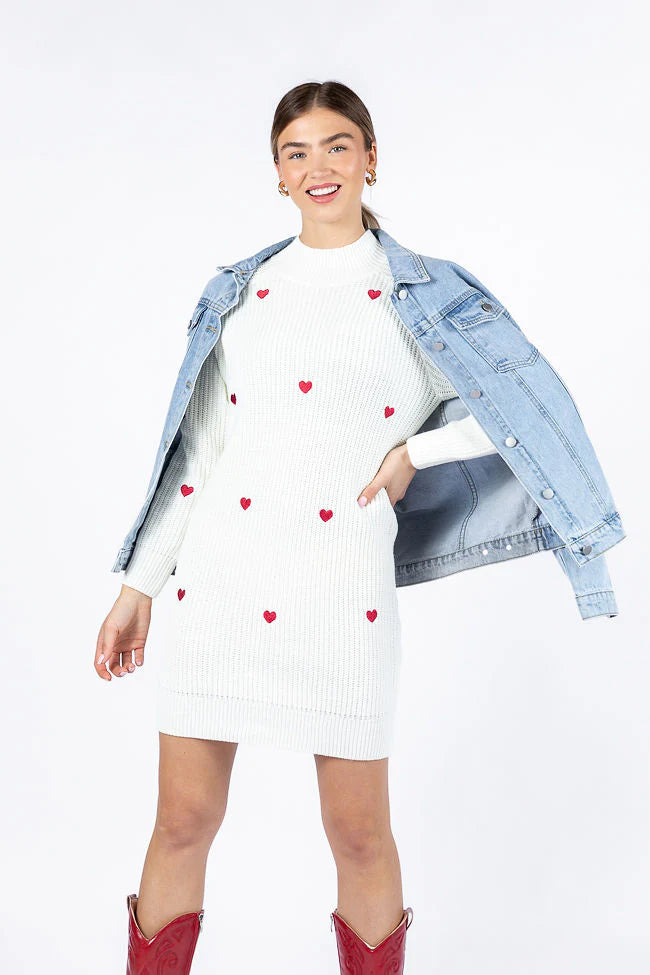 Call Back Later Ivory Heart Detail Sweater Dress FINAL SALE