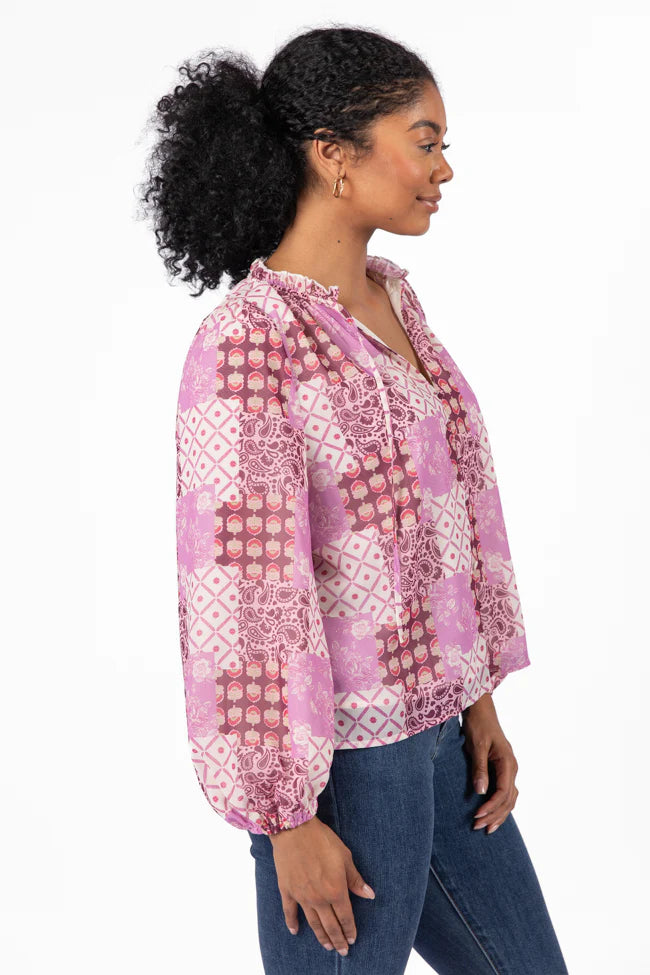 Fade Into You Purple Multi Button Detail Printed Blouse