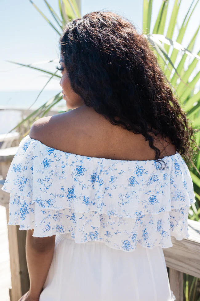 Swaying In A Breeze Blue And Ivory Floral Printed Linen Blouse SALE