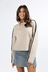 In and Out Taupe and Black Contrast Stitch Sweater