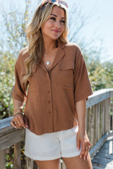 Taking A Risk Brown Pocketed Button Front Top SALE