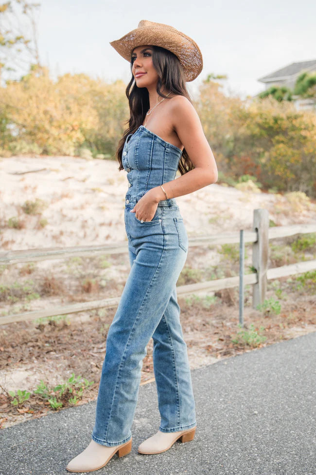 Country Roads Sweetheart Denim Jumpsuit