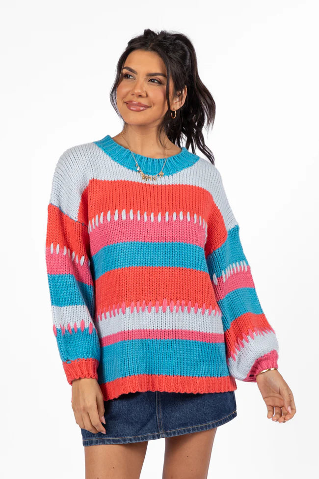 Something Extra Blue Multi Stripe Chunky Knit Stitch Detail Sweater