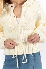 Pom Party Cream Chunky Cinched Waist Cardigan