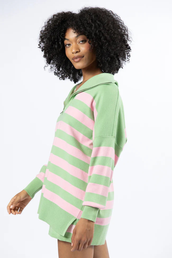 Pulling Heartstrings Green and Pink Striped Quarter Zip Pullover SALE