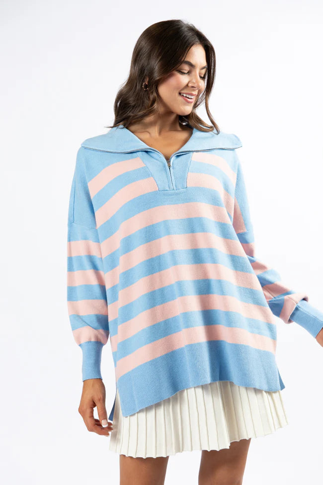 Pulling Heartstrings Blue and Coral Striped Quarter Zip Pullover SALE