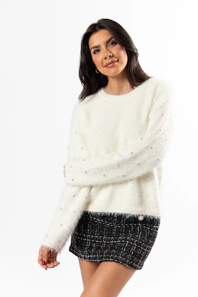 All That Glitters Rhinestone Sleeve Ivory Fuzzy Sweater FINAL SALE