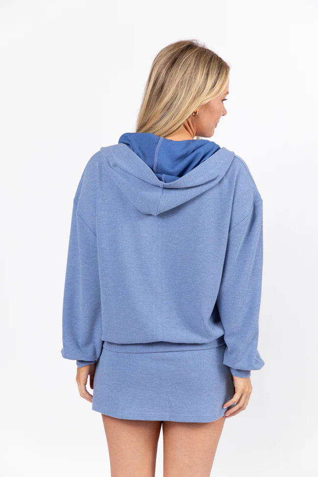 Tried It All Blue Ribbed Knit Full Zip Sweatshirt