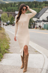 Next In Line Taupe Split Leg Mock Neck Midi Dress FINAL SALE