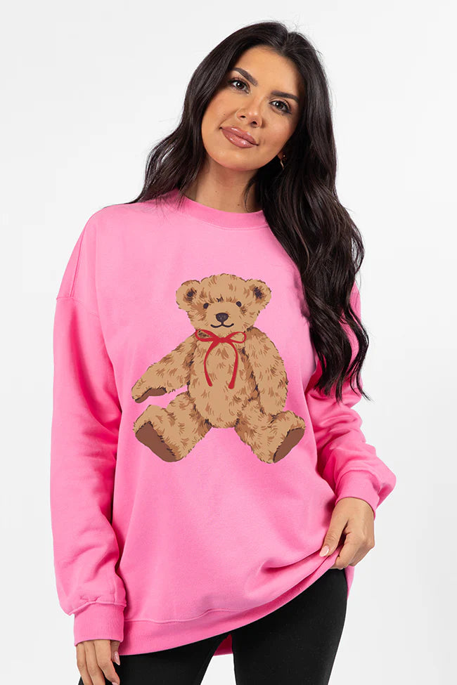 Vintage Teddy Bear Red Bow Pink Oversized Graphic Sweatshirt