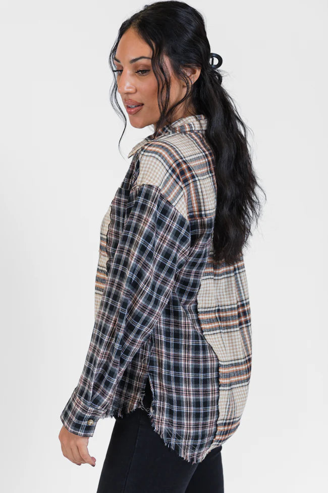 About Tomorrow Black Mixed Media Plaid Button Down Top FINAL SALE