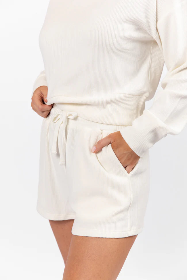 Everything I Want Ivory Ribbed Hoodie and Shorts Set