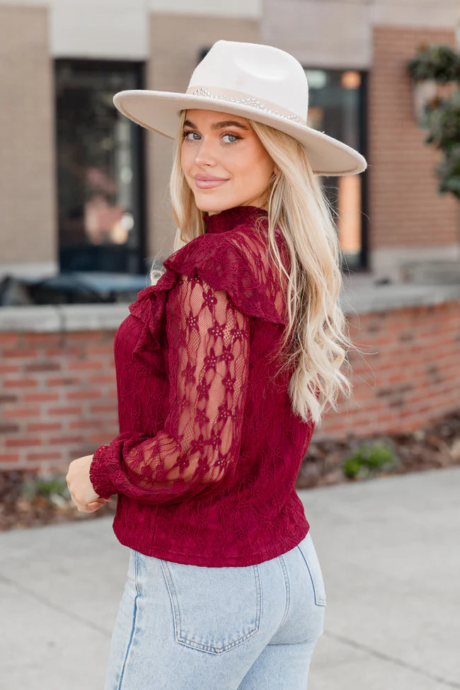 Be The Moment Burgundy Mock Neck Lace Blouse FINAL SALE