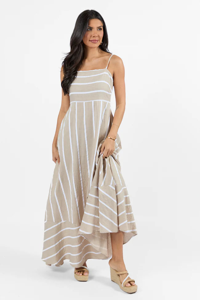 Come Sail Away Neutral Striped Midi Dress