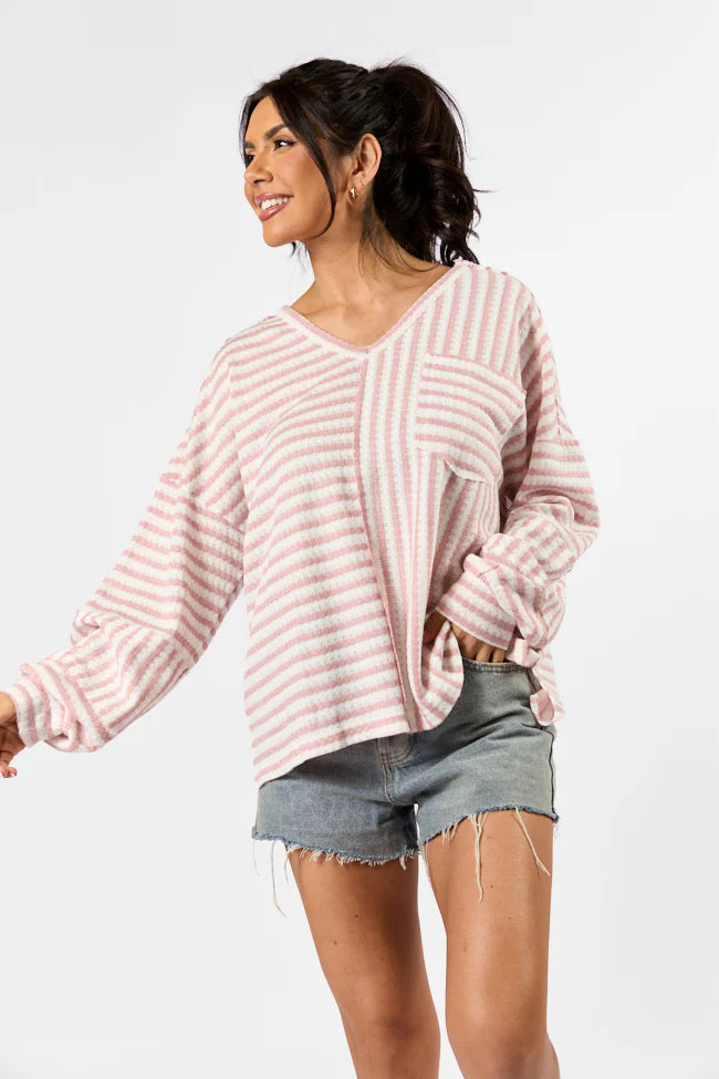 All For Sun Pink and Ivory Striped Knit V-Neck Long Sleeve Tee