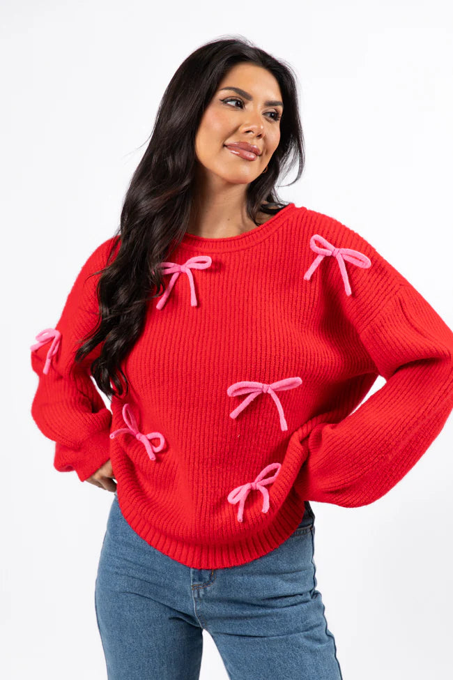 Knot Your Average Bow Red Embroidered Bow Sweater FINAL SALE