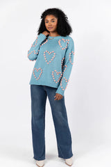 Adore You Blue and Pink Oversized Heart Pom Sweater FINAL SALE