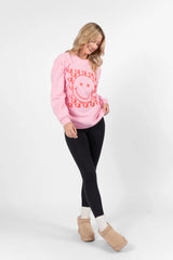 Heart Checkered Smiley Light Pink Oversized Graphic Sweatshirt