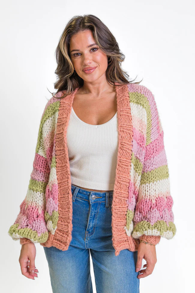 Lost In Your Love Pink Multi Stripe Chunky Cardigan