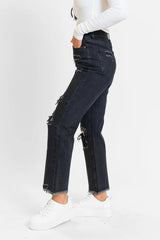 Megan Black Wash Distressed Straight Leg Mom Jeans