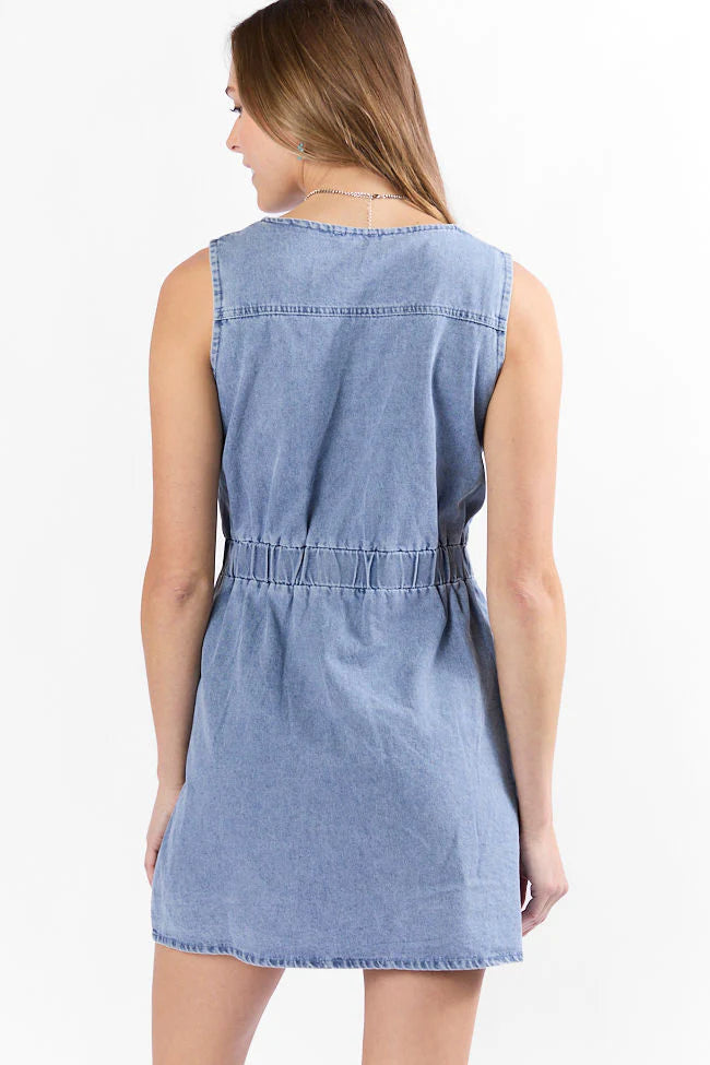 Strike A Chord Light Wash Denim Button Front Dress