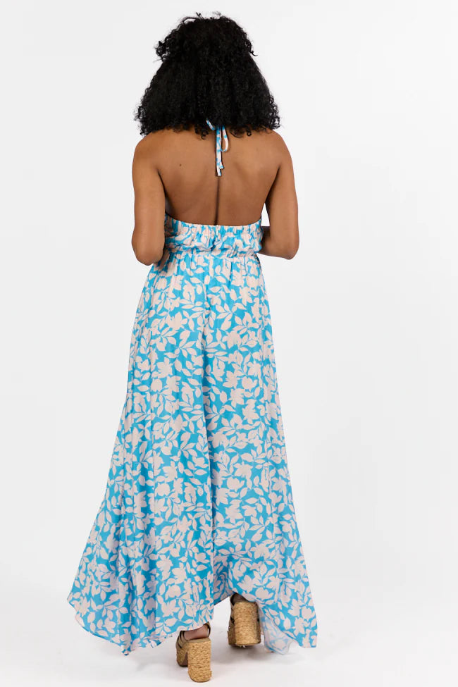 Golden Days Blue Halter Neck Printed Maxi Dress