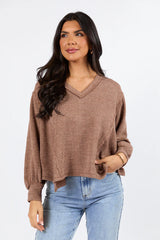 Never Say Never Mocha Ribbed Knit V-Neck Long Sleeve Top