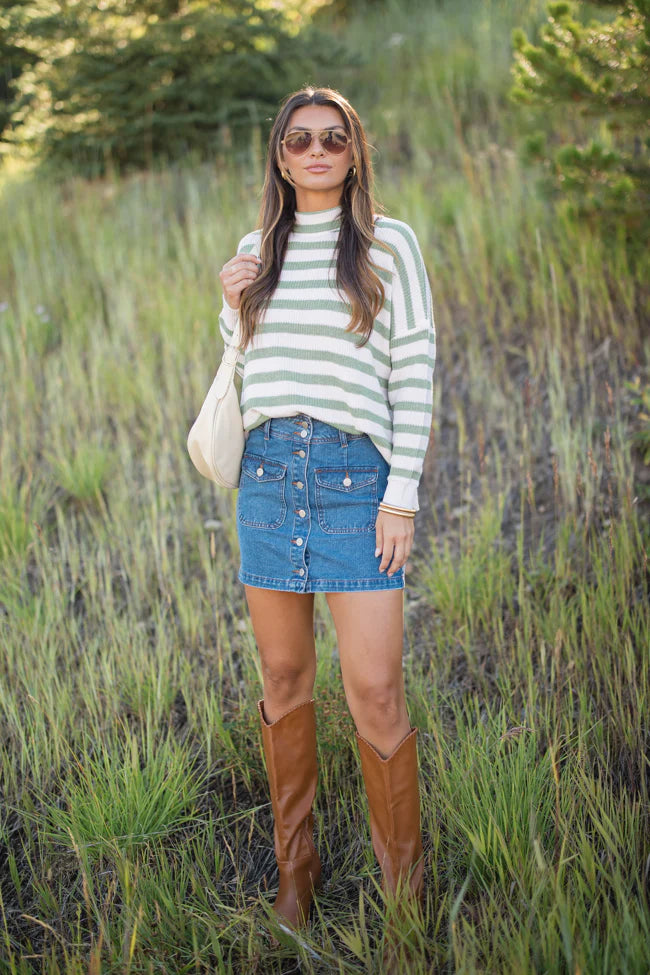 Keep On Shining Olive And Cream Striped Turtleneck Sweater