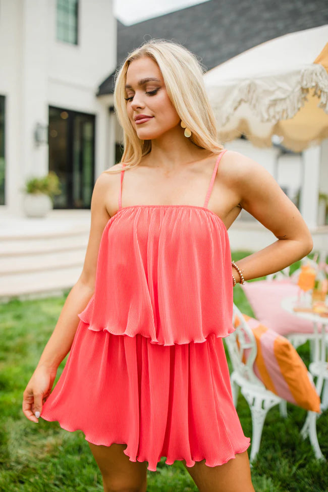 In the Afterglow Hot Coral Pleated Romper SALE