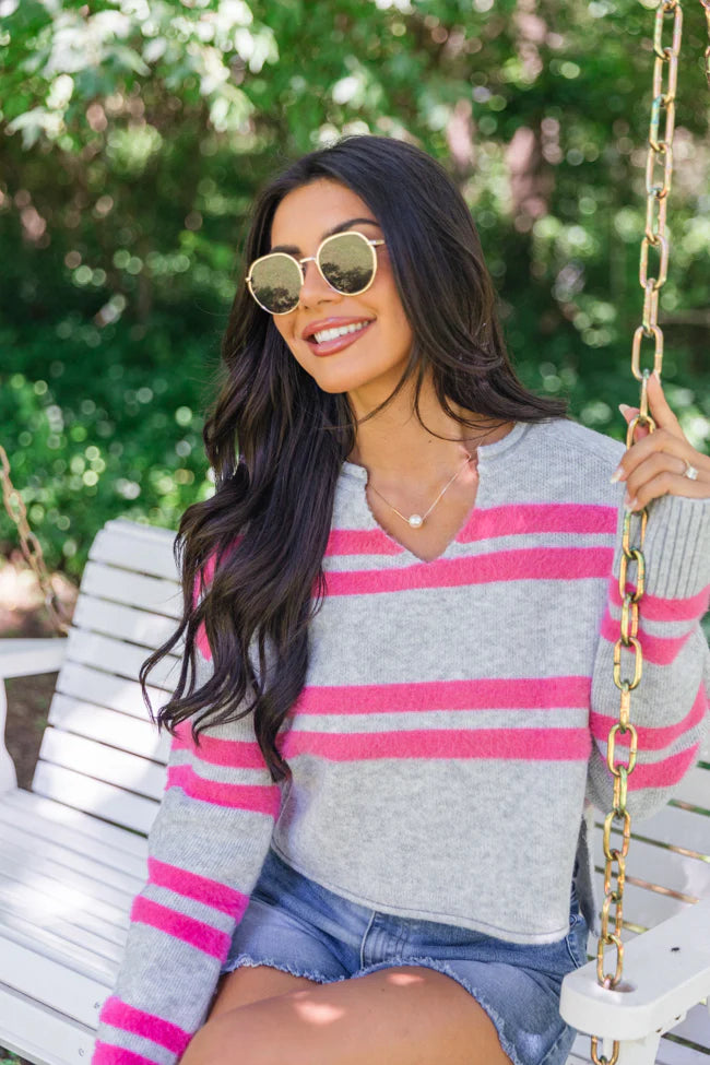 Sweet Affection Grey And Fuchsia Striped Notched Neck Sweater