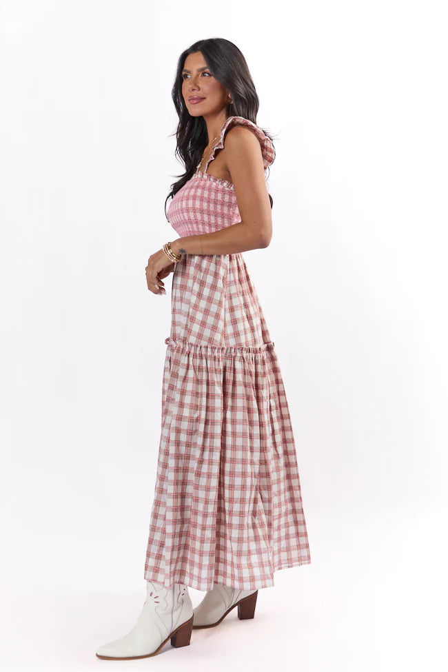 Checked Treasures Pink and Brown Plaid Tiered Midi Dress