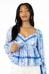 In My Dreams Blue Lace Trim Floral Blouse