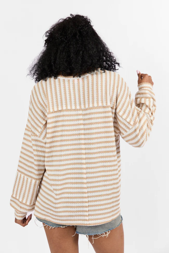 All For Sun Tan and Ivory Striped Knit V-Neck Long Sleeve Tee