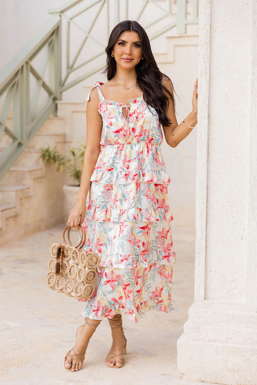 Stay In Paradise Floral Tiered Satin Midi Dress FINAL SALE