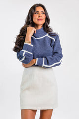 In Between Navy and Ivory Contrast Stitch Mock Neck Sweater