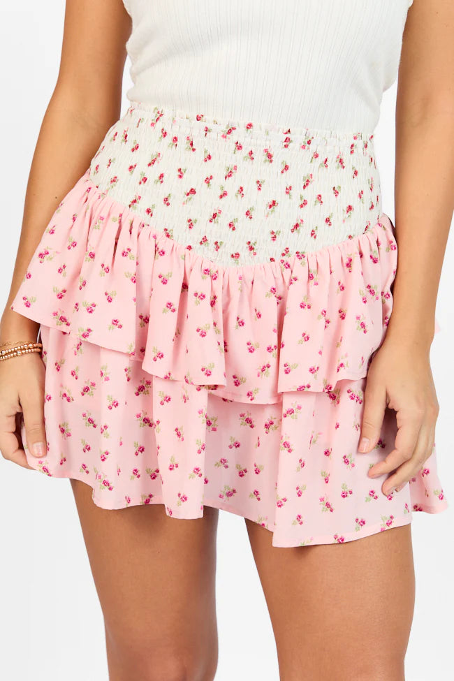 Special Day Ivory and Pink Multi Floral Color Block Tiered Skort