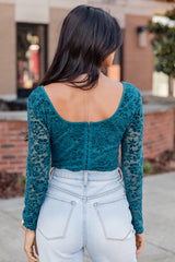 A Full Life Teal Velvet Lace Corset Long Sleeve Blouse FINAL SALE