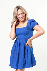 Breezing By Cobalt Textured Square Neck Mini Dress