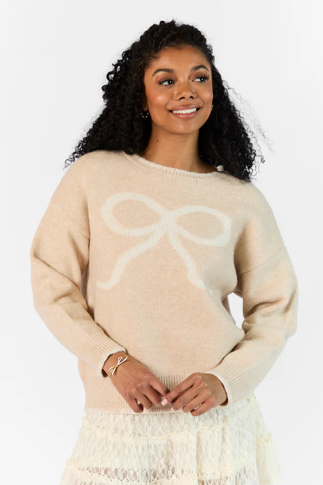 Peek- A-Bow Beige and Ivory Crew Neck Sweater