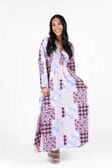 Falling Petals Purple Patchwork Printed Maxi Dress